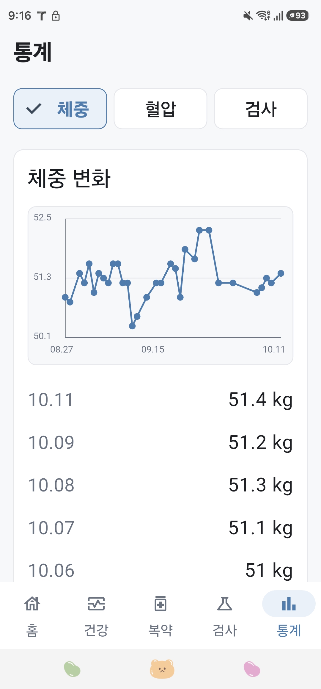 통계 Android 실기기 화면